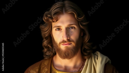 Portrait of a man with long brown hair and a beard against a dark background