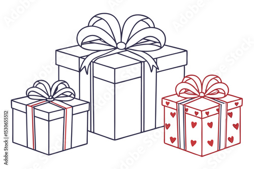 Three Gift Boxes with Bows and Hearts in Outline Style