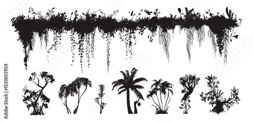 Tropical silhouette drawing, side view trees, architecture graphic set, foliage outline element, vector illustration, garden icon, landscape symbol, botany cutout.