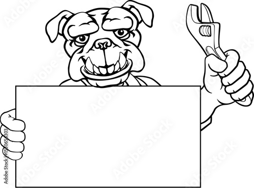 A bulldog handyman, mechanic, plumber or other construction cartoon mascot man holding a wrench or spanner tool.