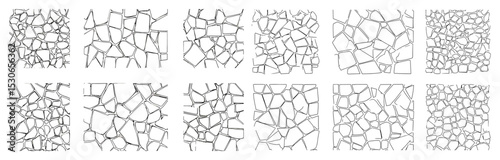 Stone ground design, broken tiles texture, architecture drawing set, interior background pattern, line art cad, abstract vector illustration, landscaping floor, mosaic surface layout.
