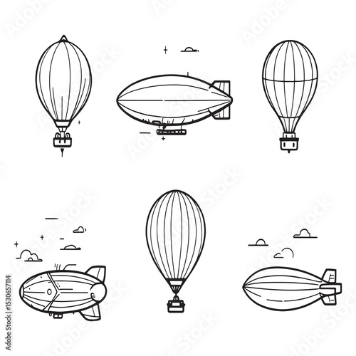 Vintage style blimp flying in clean line art