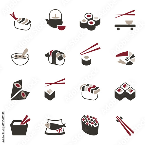 colored japanese cuisine icons set