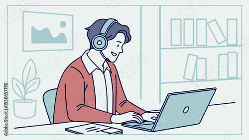 Illustration of a man wearing a headset working on a laptop in a room with a bookshelf and plant