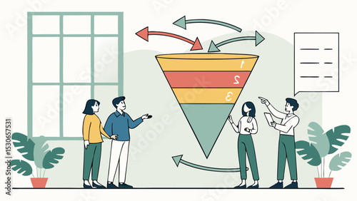Team discussing sales funnel with arrow flow and stages in an office setting near potted plants and window