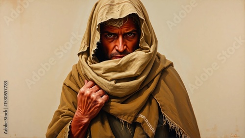 Man with intense gaze wrapped in a tan hooded shawl against a neutral backdrop