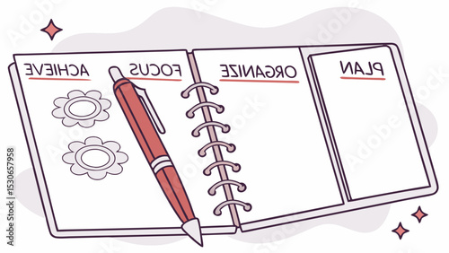 Open spiral notebook with sections labeled achieve focus organize and plan with a pen and flower doodles