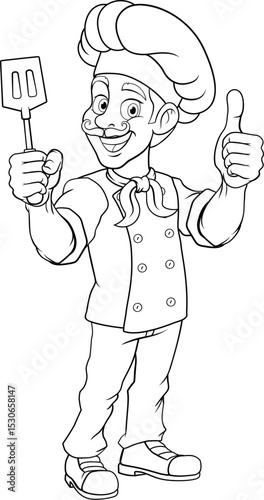 A chef, baker or barbecue cook man giving a thumbs up and holding a BBQ or cooking spatula mascot character illustration