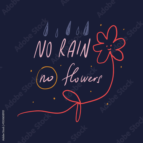 No Rain No Flowers bohemian inspirational motivational quote flower groovy postmodern funky font 1960s boho hand lettering font text psychedelic style. Perfect for posters, t shirts, collages