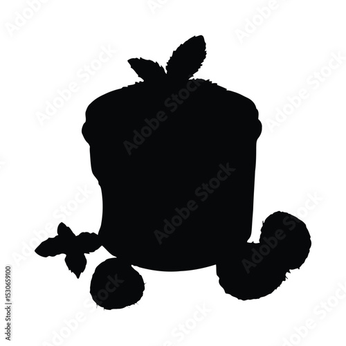 Panna cotta dessert silhouette with berries and mint isolated on white background