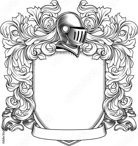 Coat of arms crest knight family medieval shield heraldry heraldic armorial motif. Featuring a knights helm helmet in a vintage etching engraving woodcut style