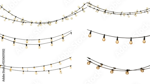 Set of isolated string lights variations, top view, 8K