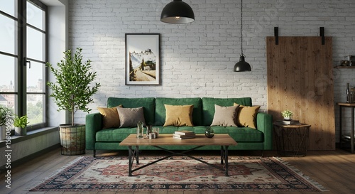 Emerald Sofa in a Rustic-Chic Living Room with Mountain View Art