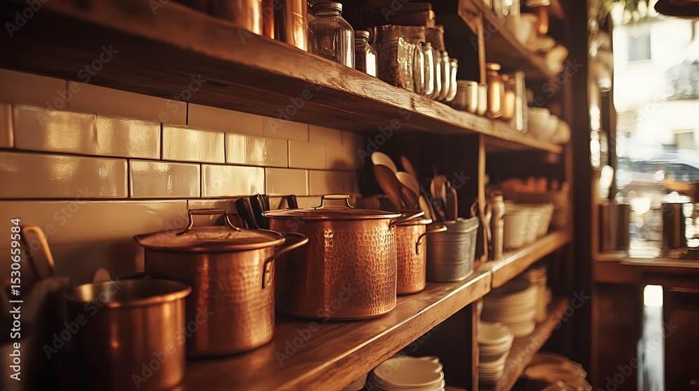 Fototapeta premium Copper Pots on Wooden Shelves in Kitchen Storage Still Life