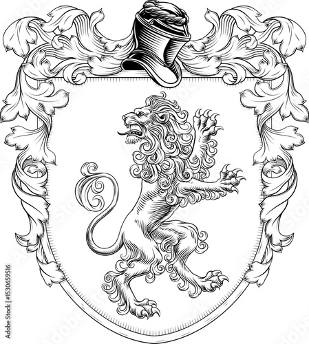 A lion coat of arms or crest family heraldry medieval heraldic knight shield with helmet and acanthus filigree scroll ornament in a vintage woodcut style.