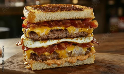 Decadent Double-Decker Breakfast Burger Bacon, Egg, and Cheese Grilled Sandwich
