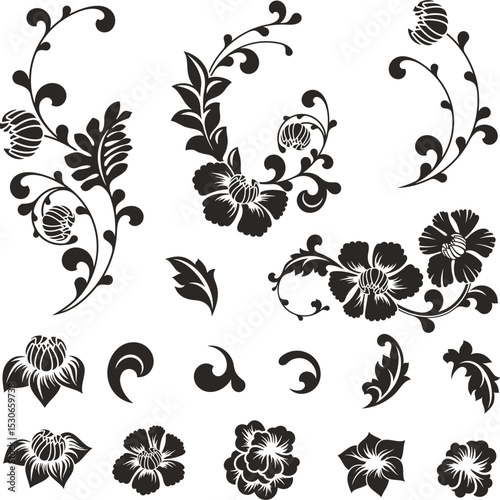 Floral vector ornaments luxury set in traditional Chinese style. Exquisite romantic arabesque designs for page decorations, headers, wedding decors, invitations, greeting cards, embroidery, textile.