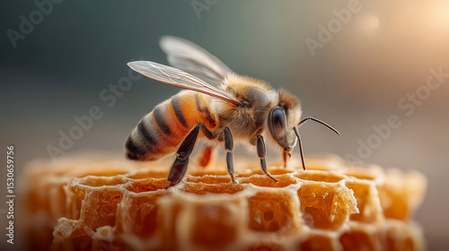 A close-up of a bee perched on a honeycomb, with its wings and details sharply visible. Concept of nature, pollination, and honey production.