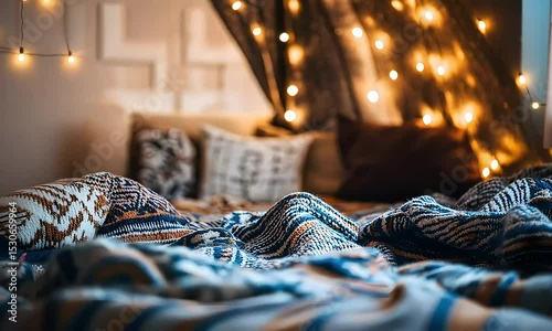 Cozy Bedroom Decor Warm Lighting and Textured Blankets Create a Relaxing Atmosphere