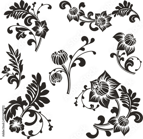 Floral vector ornaments luxury set in traditional Chinese style. Exquisite romantic arabesque designs for page decorations, headers, wedding decors, invitations, greeting cards, embroidery, textile.