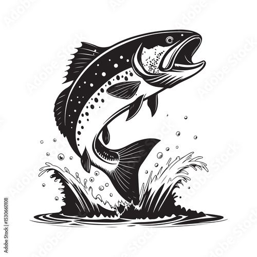 Black and white fish and shark vector illustration with ocean and tribal design elements
