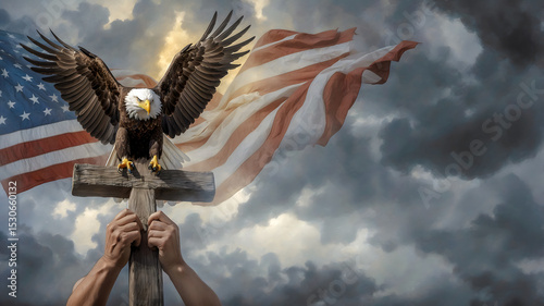 Bald Eagle with Outstretched Wings Perched on Wooden Cross Held by Hands Against Tattered American Flag and Stormy Sky