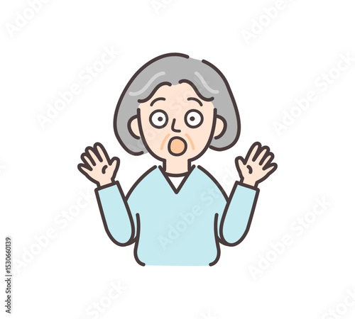 驚いた表情で両手を広げる高齢女性のイラスト