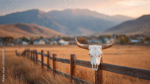 A cow skull with large horns mounted on a wooden fence post, surrounded by tall grass with a backdrop of mountains. Concept of western, rustic, and natural beauty.