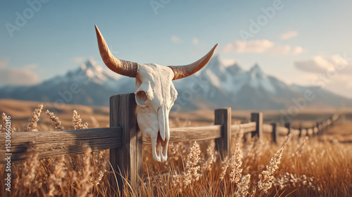 A cow skull with large horns mounted on a wooden fence post, surrounded by tall grass with a backdrop of mountains. Concept of western, rustic, and natural beauty.
