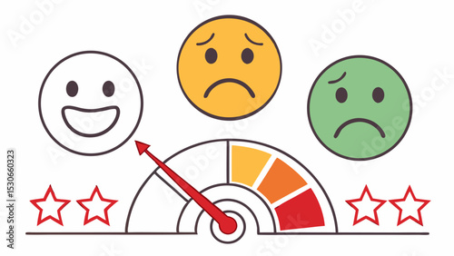 Illustration of a feedback gauge with smiley faces and stars showing a customer satisfaction level