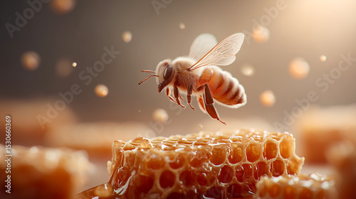 A close-up of a bee perched on a honeycomb, with its wings and details sharply visible. Concept of nature, pollination, and honey production.