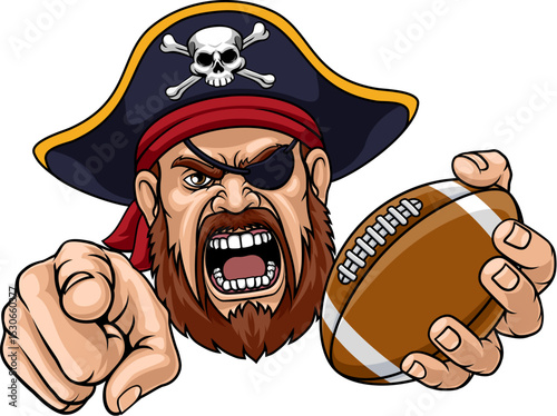 A Pirate man holding American Football ball and pointing sports team cartoon charcater mascot illustration.