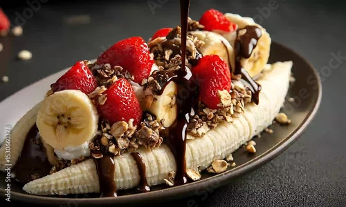 Delicious Banana Split with Strawberries, Granola, and Chocolate Sauce