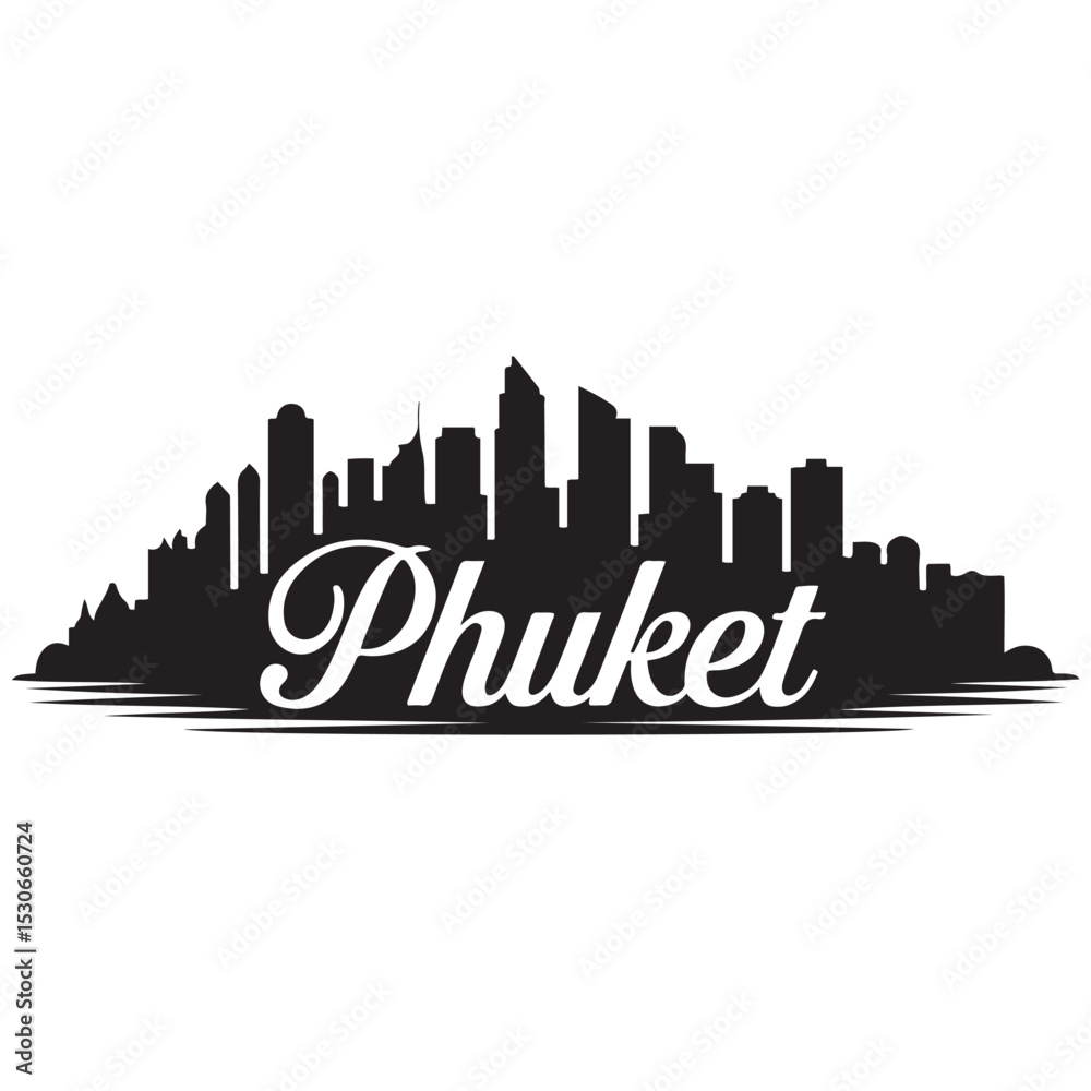 Fototapeta premium Panoramic View of Downtown Phuket Skyline. Phuket city black silhouette skyscrapers and buildings. Long cityscape. Vector black silhouette. with white background