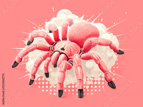 A vibrant pink tarantula spider with striking red and black legs positioned against delicate white flowers and green leaves. 