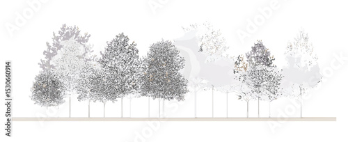 Architectural landscape drawing, minimal tree line cad side view, wetland forest section design for planning. Vector illustration, foliage, outdoor, site layout.