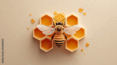 A close-up of a bee perched on a honeycomb, with its wings and details sharply visible. Concept of nature, pollination, and honey production.