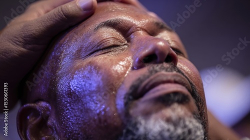 Closeup of a man with a look of relief and gratitude on his face, as a Christian ministers hands are p on his head during a healing service.