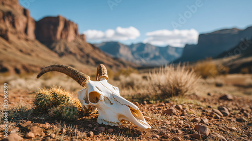 A cow skull mounted on a light-colored wall with prominent horns, paired with a pot of dried flowers on a rustic shelf, illuminated by warm, soft sunlight.
