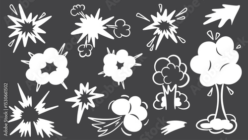 White explosion clouds on black background set. Hand drawn bomb explosion effects. Comic bubbles doodle sketch style, vector elements