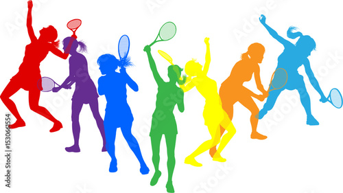 Silhouette tennis women female players set. Active sports people healthy players fitness silhouettes concept.