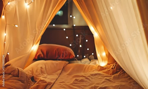 Cozy and Romantic Indoor Tent Decorated with Fairy Lights for a Relaxing Evening