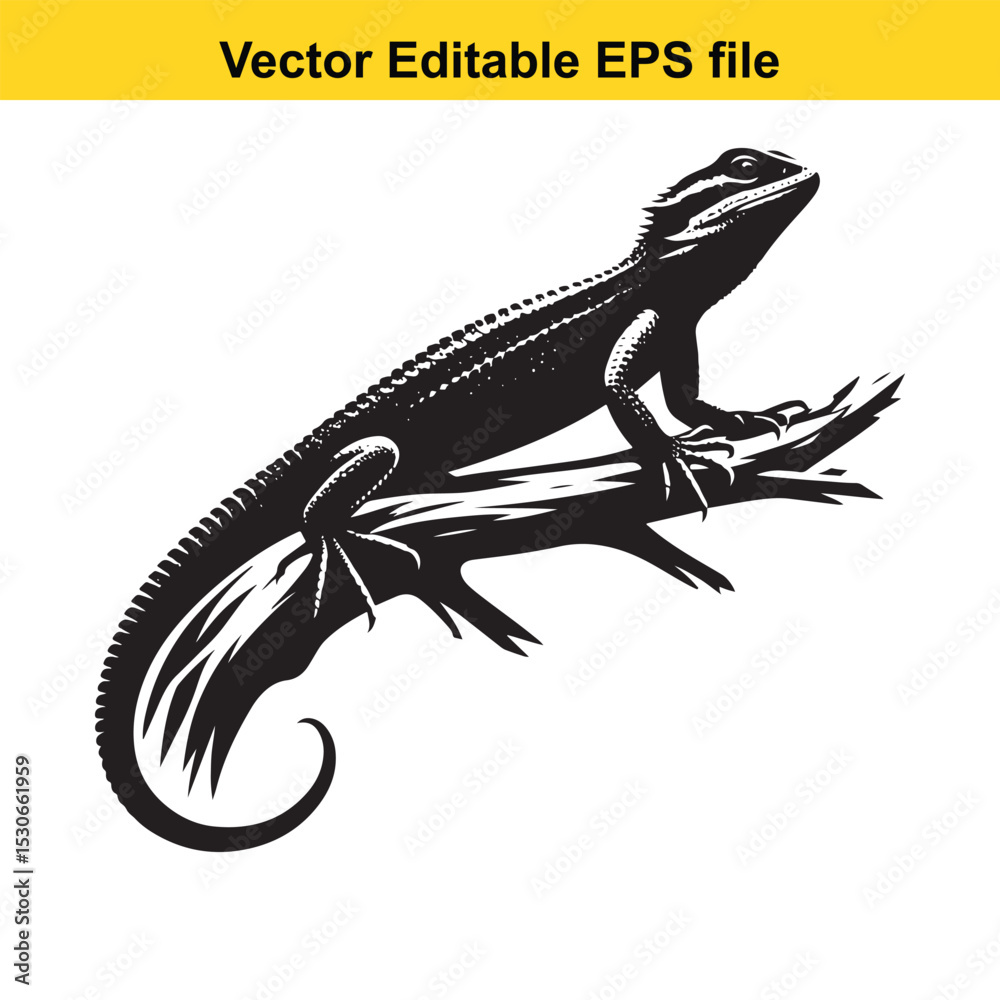 Fototapeta premium Bearded Dragon Lizard Silhouette on Branch Vector Graphic