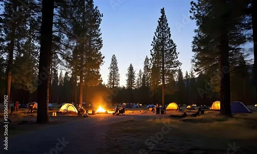 Camping under the stars Night scene of a campsite nestled among towering pines