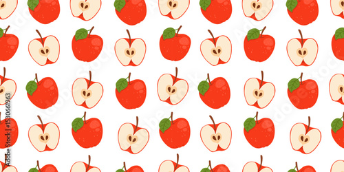Seamless pattern with red apples on a white background. Whole and sliced apple. The design is great for wallpaper, fabric, labels, packaging.
