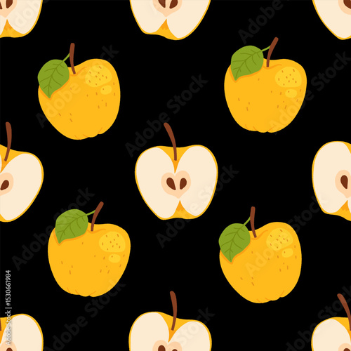 Seamless pattern with yellow apples. Apple set of whole yellow apple, half an apple and a slice of apple. Hand drawn flat vector illustration on black background.