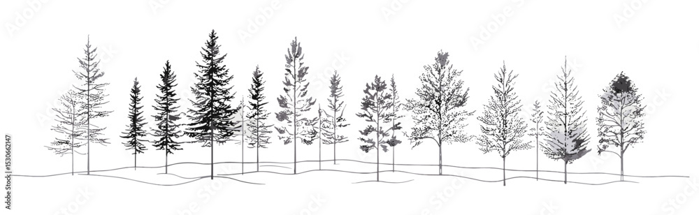 Fototapeta premium Architectural line art, CAD minimal tree and wetland forest section outline, landscape planning, sustainable site design, visualisation, vector illustration, cutout.