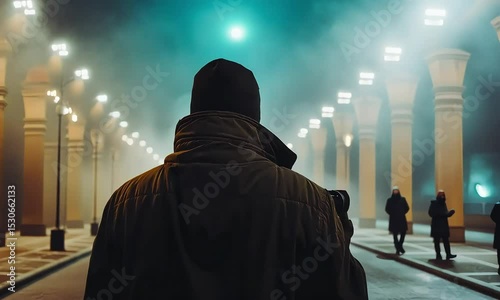 Solitary Figure Walking Through Foggy City Streets at Night