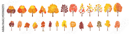 Set of autumn tree silhouette line drawings, side view forest graphic for architecture, fall season vector illustration, natural landscape sketch, outdoor scenery art, minimal concept.