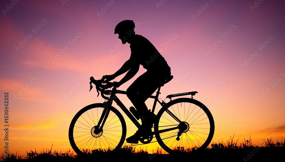 Fototapeta premium Sunset silhouette of cyclist, bicycle wheels blurred, bike, image